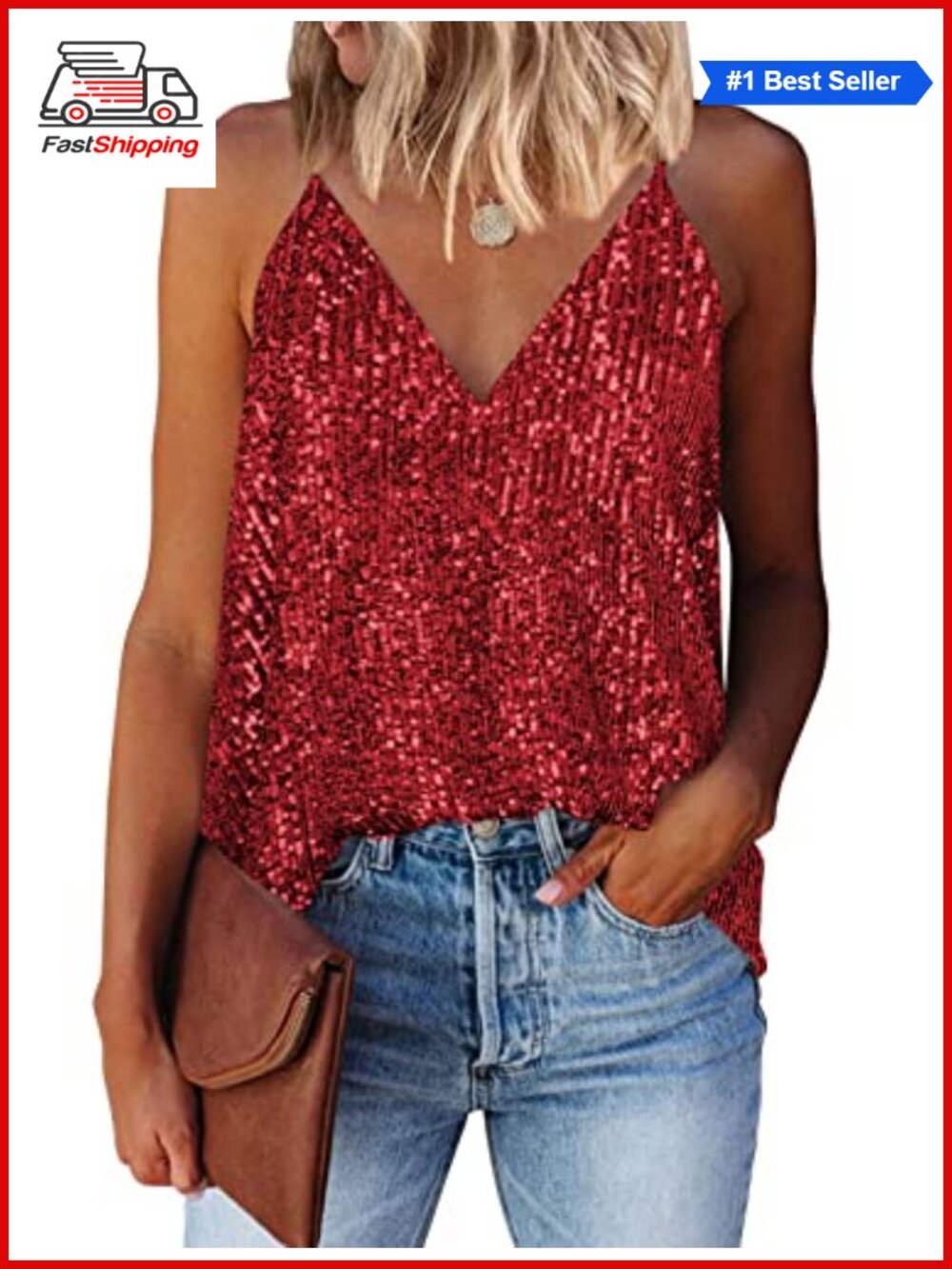 ✨ Sequin Tank Top Womens V Neck Sleeveless Sparkle Party Camisole
